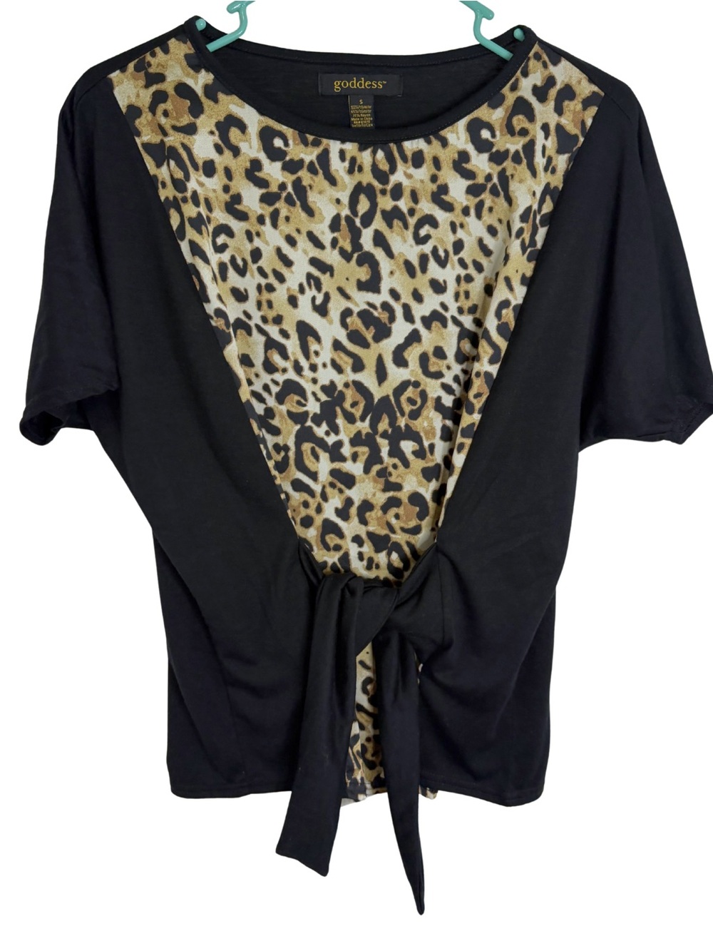3/$20 Goddess Black Top with Leopard Print Panel and Tie Front Size Small